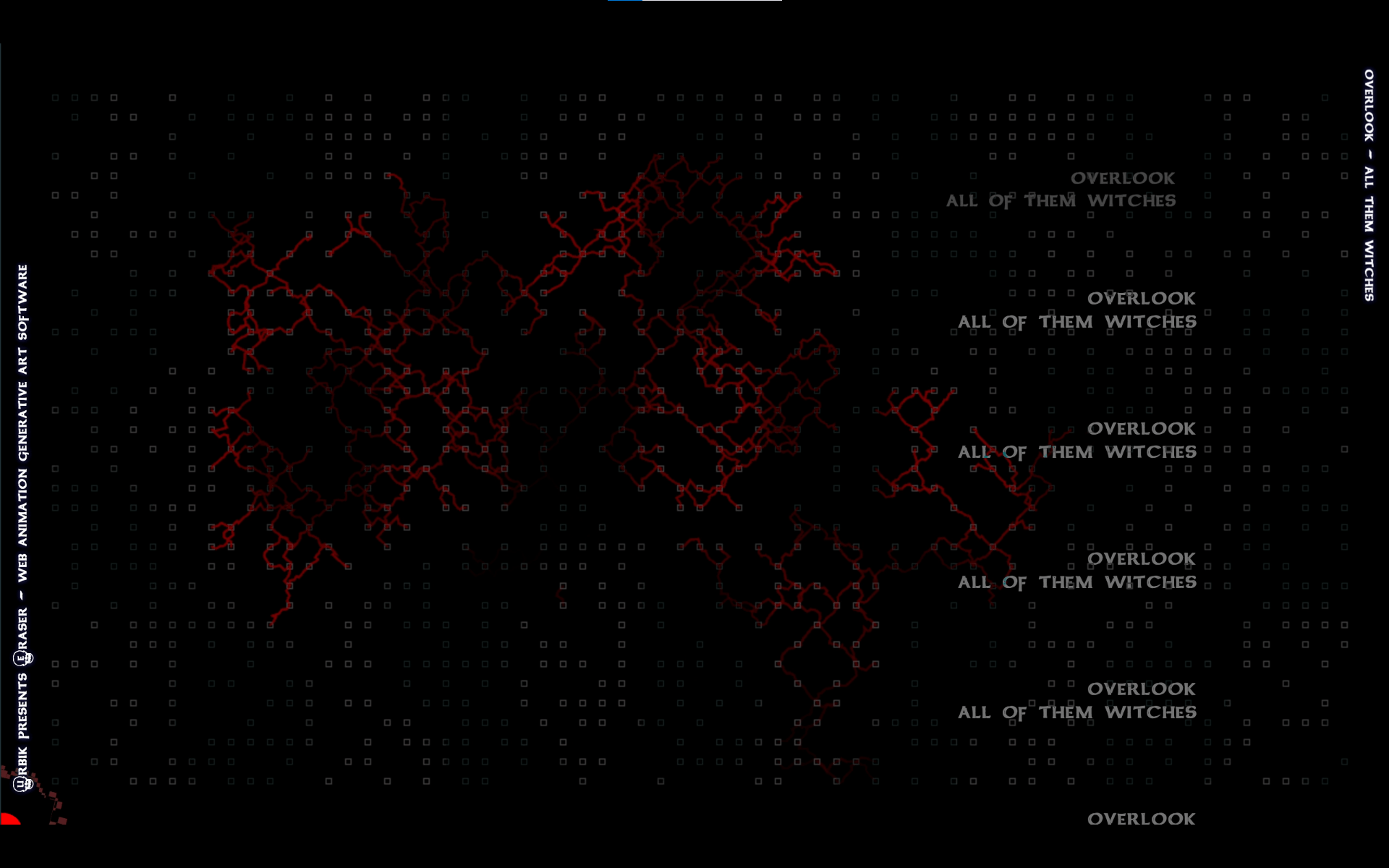 Witches composition with red branching lines over an outlined cell grid